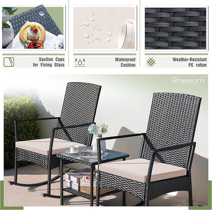 Conversation Set Outdoor Rattan Rocking Chairs with Coffee Table, Beige