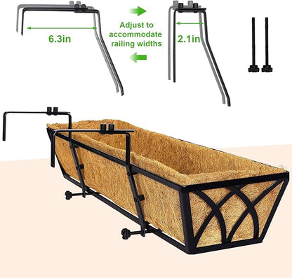 Y&M 24 Inch Fence Metal Hanging Flower Planter Window Basket Deck Railing Planter Boxes for Outdoor Garden Lawn， Window Deck with Coco Liner,6pcs