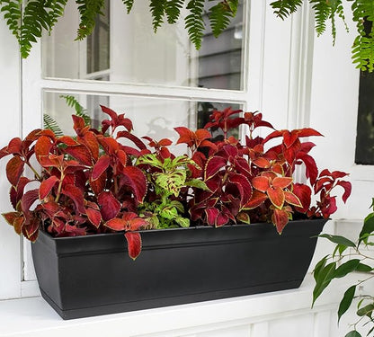 The HC Companies 24 Inch Eclipse Window Planter Box with Drainage Holes & Attached Saucer, Lightweight UV-Resistant Plastic Indoor & Outdoor Planters, 2-Pack Flower Box for Garden & Home Decor, Clay