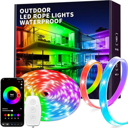 KSIPZE Outdoor LED Rope Lights,IP68 Waterproof Outside Led Lights with Smart App,Music Sync RGB Exterior Led Strip Lights for Roof，Balcony,Deck,Pool (40ft)