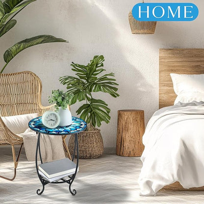 Outdoor Side Table Round Small Mosaic Patio Accent Indoor End Plant Coffee Tea Table for Yard Patio Porch Garden Living Room, Bedroom(Mandala Flower Style,14 Inch)