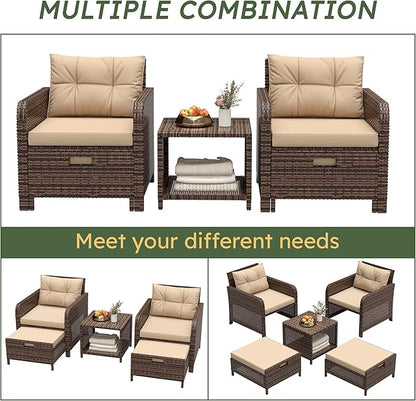 LHBcraft Balcony Furniture 5 Piece Wicker Patio Furniture Set, Outdoor Hand-Woven Rattan Lounge Chairs with Tempered Glass Coffee Table, Ottomans & Soft Cushions for Front Porch, Garden, Brown