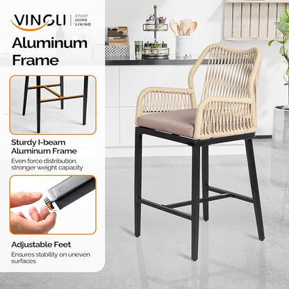 VINGLI Outdoor Counter Height Bar Stools Set of 2, Rattan Outdoor Barstools Boho Woven Patio Bar Stools with Backrest, Aluminum Frame Patio Garden Balcony Pool Bar Chairs (2 PCS)