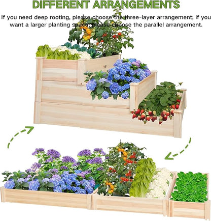 3-Tier Raised Garden Bed with Fabric Liner, Wood Elevated Planter Box with Dovetail Joint Design, 3 Dividable Bed Kit for Vegetables/Herbs/Flowers, Outdoor Gardening for Patio, Lawn, Balcony