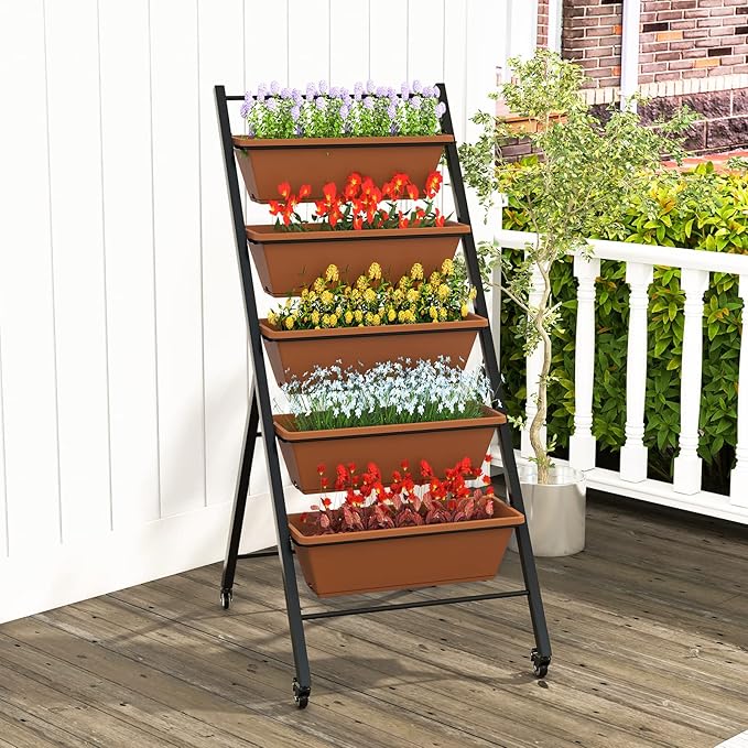 Giantex Vertical Raised Garden Bed on Wheels, 5-Tier Elevated Planter Boxes, Garden Beds with Drain Hole, Freestanding 5 Containers for Herb Vegetables Flowers Growing, Indoor Outdoor Patio Balcony