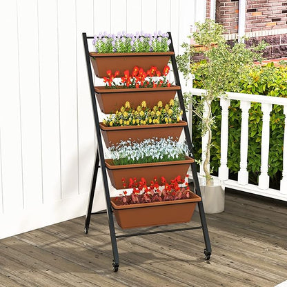 Giantex 2 Pcs Vertical Planter Raised Bed on Wheels, Elevated Garden Beds with Water Drainage Hole, Freestanding 5 Container Boxes for Herb Vegetables Flowers Growing, Outdoor Indoor Patio Balcony