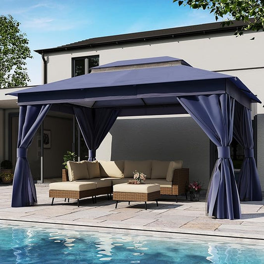 LAUSAINT HOME Semi-Permanent Outdoor Patio Gazebo 10'x13', Heavy Duty Party Tent Shelter with Double Roofs, Mosquito Nettings and Privacy Screens for Backyard, Garden, Lawn, Navy Blue