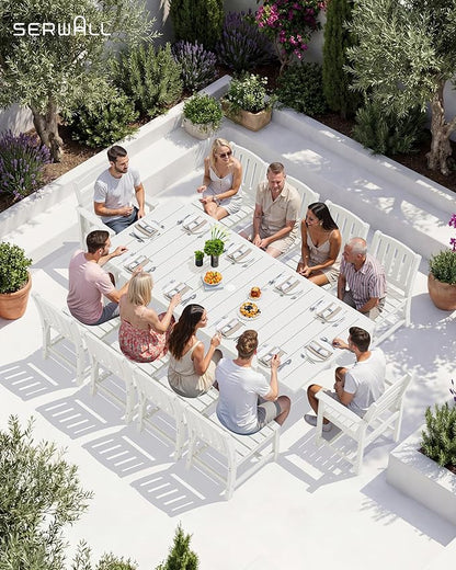 SERWALL 11-Piece Outdoor Dining Set, 60" - 83" Expandable Outdoor Dining Table and 10 HDPE Chairs, All Weather HDPE Outdoor Furniture Set for Backyard, Garden, White