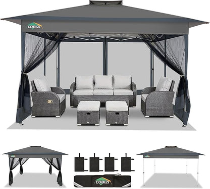 COBIZI 13x13 FT Pop up Gazebo on Clearance - Outdoor pop up Canopy Tent,carpas para Patio, Shelter - Screen Tents with Portable Carry Bag, Patio Gazebos for Camping,Garden,Deck,Backyard,Darkgrey
