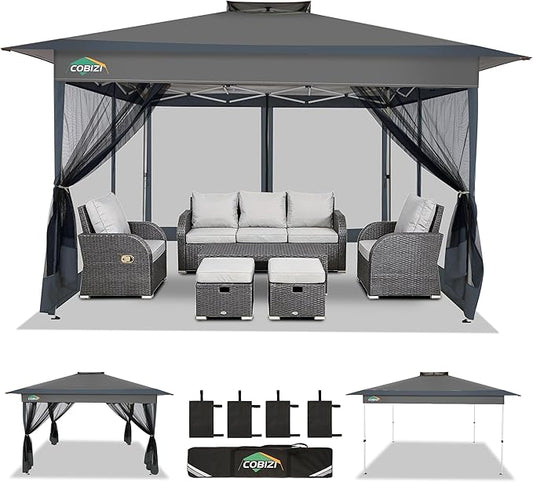 COBIZI 13x13 FT Pop up Gazebo on Clearance - Outdoor pop up Canopy Tent,carpas para Patio, Shelter - Screen Tents with Portable Carry Bag, Patio Gazebos for Camping,Garden,Deck,Backyard,Darkgrey