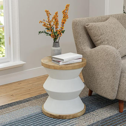 COSIEST White Outdoor Side Table, Round MgO Concrete End Patio Side Table, Lightweight Cylinder Top Plant Stand with Rotund Base for Garden and Deck