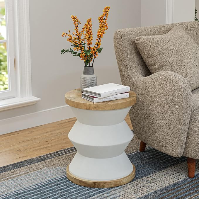 COSIEST Outdoor Side Table Set of 2, Round MgO Concrete Side Table, Patio End Table, Lightweight Concrete Accent Table with Rotund Base, Cylinder Top Plant Stand for Garden and Deck