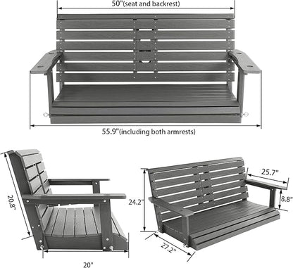 Poly Lumber 2-Seat Porch Swing, HIPS 4.5-Feet Bench Swing with Foldable Cup Holders,18/8 Stainless Steel Hardware, High Backrest and Deep Contoured Seat (Deep Gray, 4.5-feet)