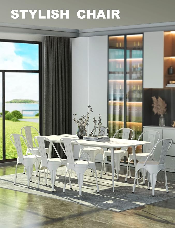 Patio Dining Chairs Matte White Metal Farmhouse Stackable Set of 4