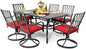 NUU GARDEN 7 Piece Outdoor Dining Set Rectangle Iron Patio Table with Umbrella Hole and 6 Swivel Chairs with Cushions Outdoor Furniture Set for Garden Backyard Black and Red