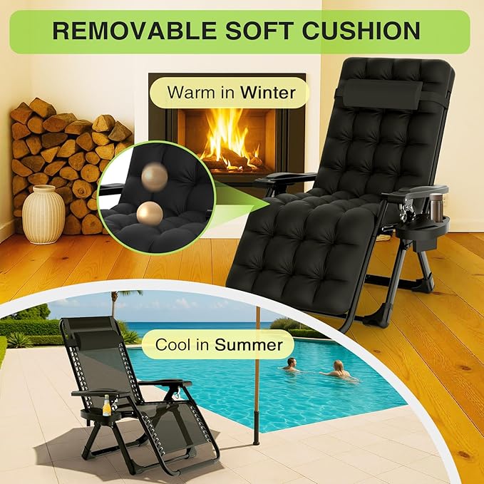 Suteck Zero Gravity Chair, Reclining Camping Lounge Chair w/Removable Cushion, Upgraded Lock and Cup Holder, Reclining Patio Chairs Folding Recliner for Indoor and Outdoor