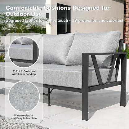 Outdoor Patio Furniture Set, 4 Pieces Metal Patio Furniture Set with Coffee Table, Modern Outdoor Patio Conversation Seating Set with 6” Thick Cushions, Light Grey