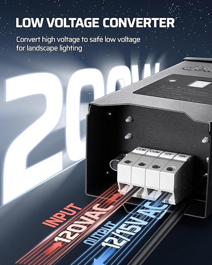 DEWENWILS 200W Weatherproof Low Voltage Landscape Lighting Transformer, 120V to 12/15V AC, Metal Low Voltage Landscape Transformer with Photocell & Timer, Multi Zone Landscape Lighting Transformer