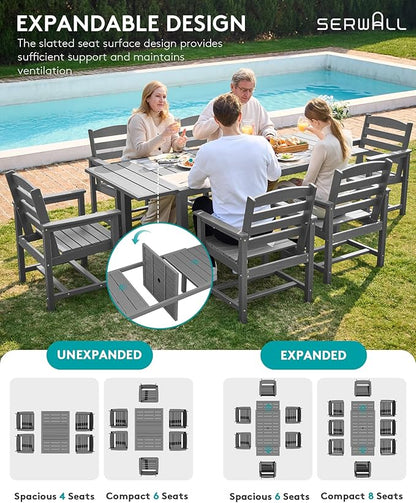 SERWALL 9-Piece Outdoor Dining Set, 60" - 83" Expandable Outdoor Dining Table and 8 HDPE Chairs, All Weather HDPE Outdoor Furniture Set for Backyard, Garden, Grey