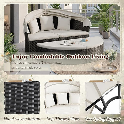 Devoko Patio Furniture Outdoor Round Daybed with Retractable Canopy Wicker Rattan Separated Seating Sectional Sofa for Patio Lawn Garden Backyard Porch