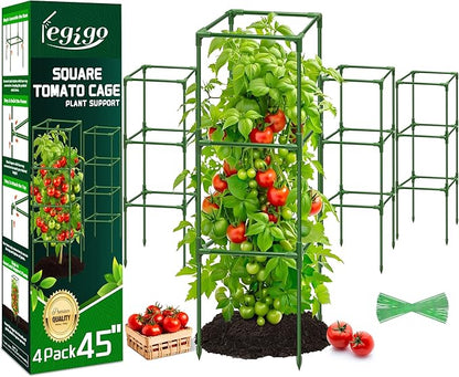 Legigo 4 Pack Square Tomato Cages for Garden- Up to 45 Inch Tomato Trellis Plant Cages Support, Tomato Stakes and Supports Cage for Climbing Vegetables Raised Garden Bed Cucumbers Peppers Flowers