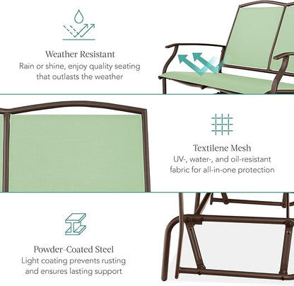 Best Choice Products 2-Person Outdoor Patio Swing Glider Steel Bench Loveseat Rocker for Deck, Porch w/Textilene Fabric, Steel Frame - Sage Green/Brown
