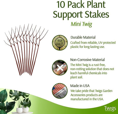 Mini Twigs Plant Support Stakes for Small Plants, Indoor & Outdoor Use, Gardening Supplies, Garden Accessories, Trellis & Ring Alternative, Made in USA - Begonia (Red), 10 Pack, 12" L
