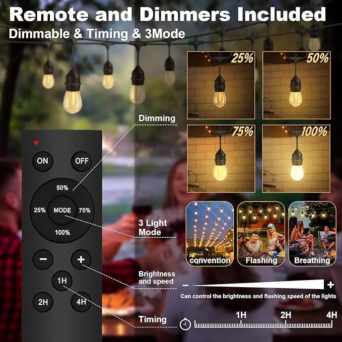 String Lights 100FT Outdoor LED with 64+4 Warm Yellow Bulbs
