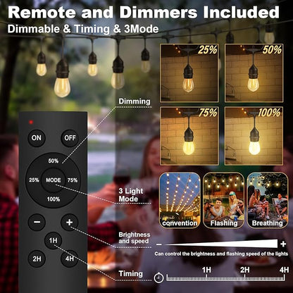 String Lights 100FT Outdoor LED with 64+4 Warm Yellow Bulbs