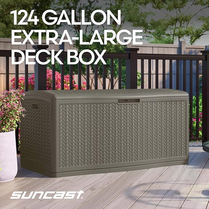 Suncast Extra Large Deck Box - 124 Gallon Resin Outdoor Storage Box with Lockable Lid for Outdoor Cushion Storage, Toys, & Garden Gear, Stoney Grey Wicker Bin for Patio, Porch, Pool, & Yard