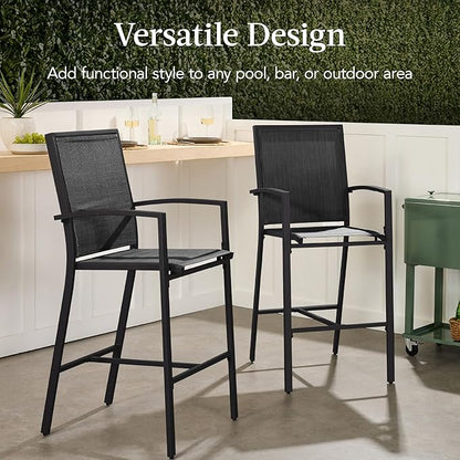 Best Choice Products Outdoor Bar Stools Set of 2, Bar Height, Patio Furniture, All Weather Mesh Design w/Armrest - Black /Black