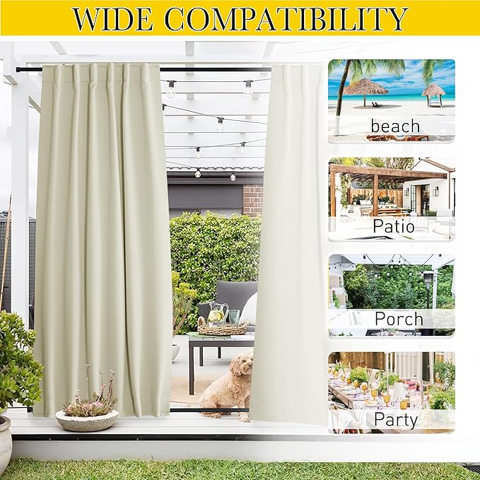 NICETOWN 2 Panels Outdoor Curtains Waterproof Pocket & Back Tab on Top & Bottom, Thermal Insulated Windproof Sun Blocking Outside Privacy Drapes for Patio with Fixed Rope, W52 x L84, Beige