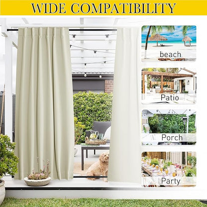NICETOWN 2 Panels Outdoor Curtains Waterproof Pocket & Back Tab on Top & Bottom, Thermal Insulated Windproof Sun Blocking Outside Privacy Drapes for Patio with Fixed Rope, W52 x L84, Beige