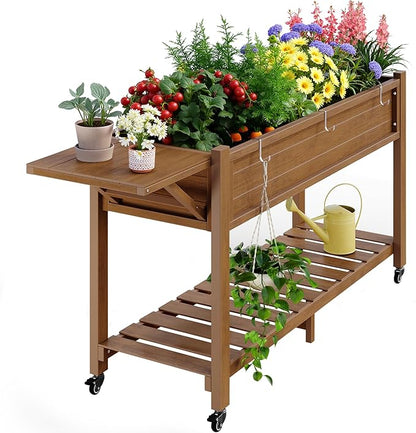 YEFU Raised Garden Bed with Legs: 57x18x30in Weight Capacity 400lb - Waterproof Raised Planter Box with Wheels - Elevated Garden Bed with Storage Shelf - Weather Resistant - for Deck/Patio/Porch/Teak