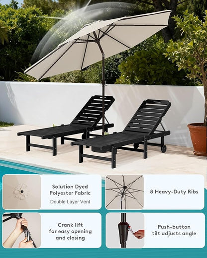 SERWALL Outdoor Chaise Lounge Set of 2 with 9FT Umbrella, HDPE Pool Lounge Chair with 5-Position Adjustable Backrest, Patio Lounger with Rolling Wheels & Cup Holder for Pool, Black