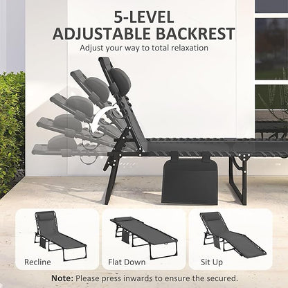 Outsunny Chaise Lounge Chair Outdoor, 5-Position Adjustable Sun Tanning Chair with Carrying Handle and Side Pocket, Folding Bed Cot with Removable Pillow for Garden, Beach, Patio, Pool, Camp, Black