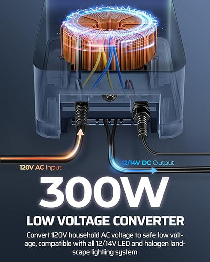 DEWENWILS 300W Low Voltage Landscape Transformer, Photocell Sensor & Timer, 120V AC to 12/14V AC, Landscape Lighting Transformer Outdoor, Weatherproof for Spotlights, Garden Lights