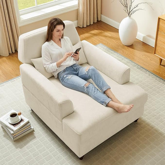 Chaise Lounge Chair Indoor with Adjustable Backrest, Upholstered Mid-Century Reading Chair, Oversized Accent Armchair for Living Room & Bedroom, Comfy Single Sofa Chair, Modern Living Room Chair