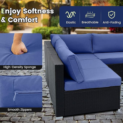 Tangkula 10 Pieces Patio Sofa Set, Outdoor Wicker Conversation Set with Soft Cushions, Tempered Glass Tabletop, Sofa Fastener Clips Included, Rattan Furniture Set for Backyard, Poolside (Navy)