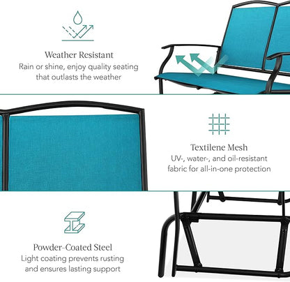 Best Choice Products 2-Person Outdoor Patio Swing Glider Steel Bench Loveseat Rocker for Deck, Porch w/Textilene Fabric, Steel Frame - Peacock Blue/Black