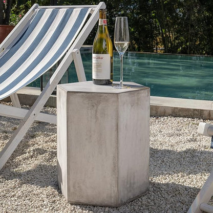COSIEST Concrete Accent Table, Hexagon Patio Side Table 14.5''Wx16''H, Modular Design Indoor Outdoor End Table, Distressed Grey White Patina