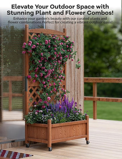 GarveeLife 1PC Wood Planter Box with Trellis - 29.5"x26"x61.5" Tall Raised Garden Bed with Wheels, Drainage Holes, Vertical Flower Stand for Patio Horticulture
