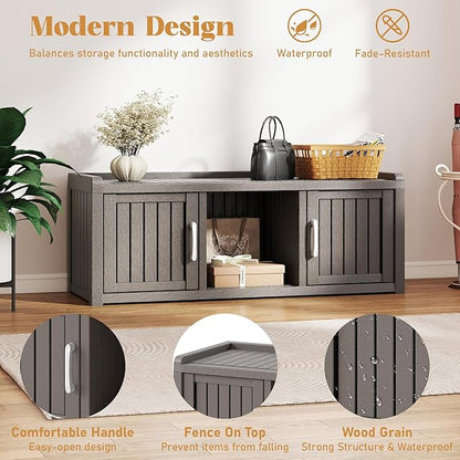 2-Tier Storage Bench, Waterproof UV-Resistant Outdoor Shoe Storage Cabinet with 2 Doors & Adjustable Shelves for Indoor Outdoor Entryway, Hallway, Living Room(Grey)