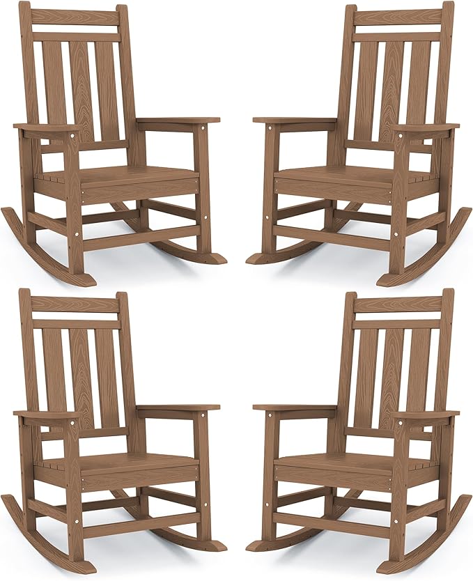 Outdoor Rocking Chairs Set of 4, Brown HDPE, 350 lb Capacity
