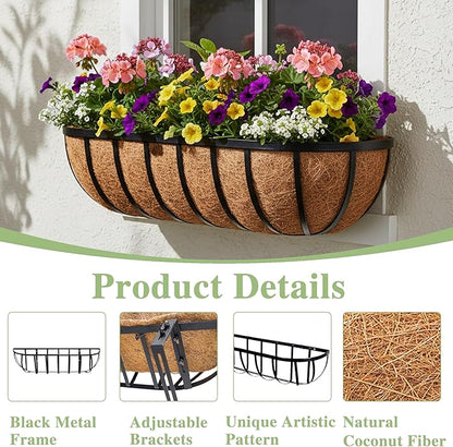 36 Inch Railing Planter Window Box Deck Balcony Rail Planter with Coco Liner Metal Wall-Mounted Coconut Liner Planters Basket Horse Trough Planters for Outdoor Balcony Porch Fence Patio (2 Pack)