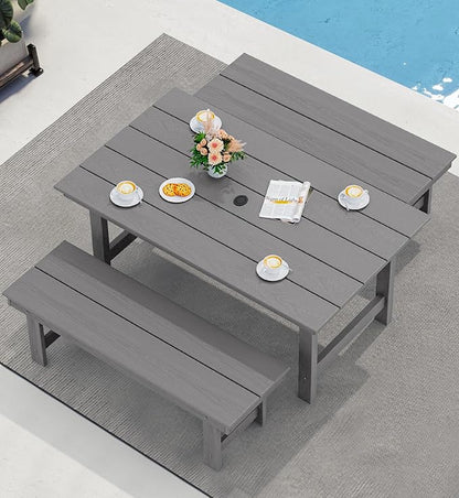SERWALL Patio Dining Table and Bench Set for 6, Gray