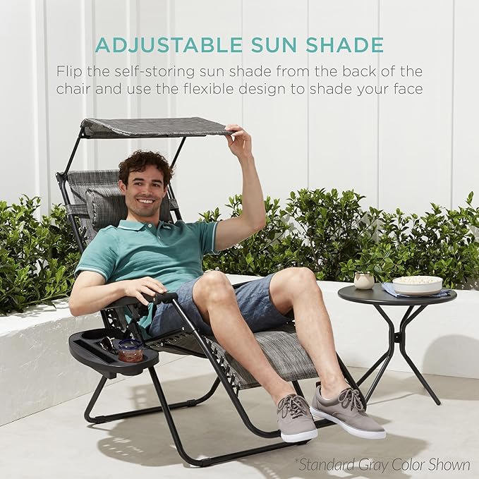 Best Choice Products 30” Wide Folding Zero Gravity Outdoor Recliner Patio Lounge Chair w/Adjustable Canopy Shade, Headrest, Side Accessory Tray - Navy Blue