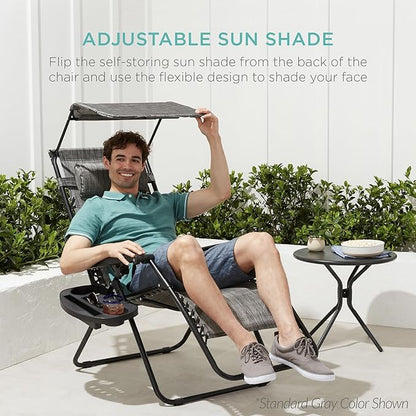 Best Choice Products 30” Wide Folding Zero Gravity Outdoor Recliner Patio Lounge Chair w/Adjustable Canopy Shade, Headrest, Side Accessory Tray - Brown