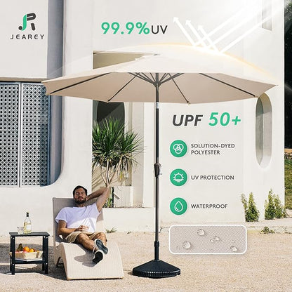 JEAREY 9FT Outdoor Patio Umbrella Outdoor Table Umbrella with Push Button Tilt and Crank, Market Umbrella 8 Sturdy Ribs UV Protection Waterproof for Garden, Deck, Backyard, Pool (Beige)