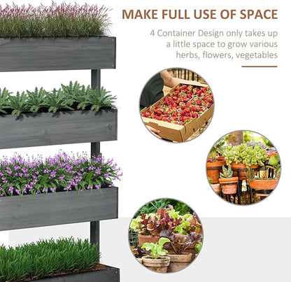 Outsunny Vertical 4 Tier Raised Garden Bed, Wooden Planter Box, Self-Draining with Bed Liner for Indoor Outdoor Flowers, Vegetables and Herbs, Gray
